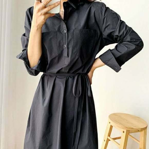 Half Placket Crisp Cotton Shirtdress with Tie Waist, S - Picture 2 of 7